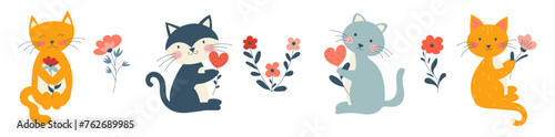 Cute cats with flowers. Set characters. Vector illustration