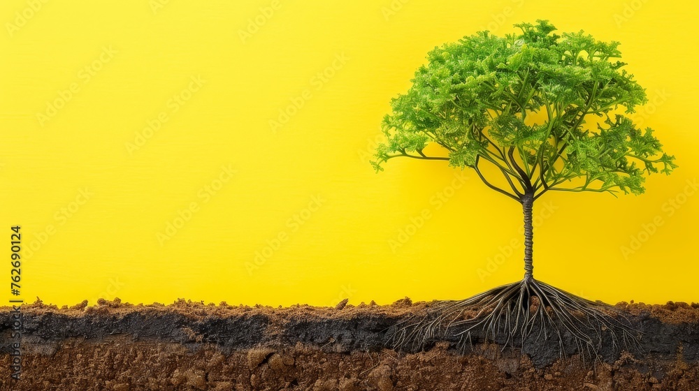 Majestic verdant tree with visible roots on ground in background, perfect for text placement