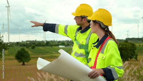 Smart engineer with protective helmet holding the blueprint working at electrical turbines field