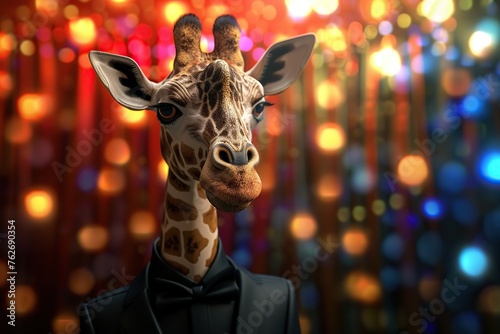 Giraffe in black suit on blurred lights background © Alina