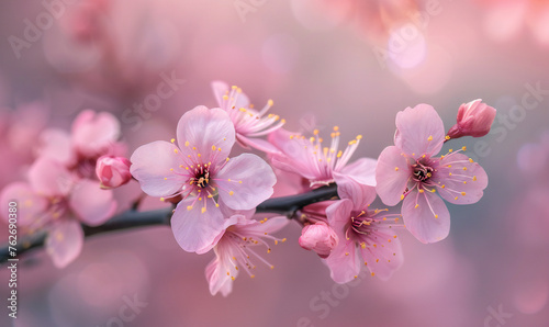 Sunny spring blooming cherry blossom with pink tones. Happy easter banner with copy space.