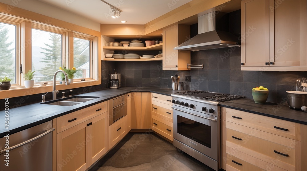 Kitchen with light maple cabinets and leathered charcoal black soapstone tops. Kitchen with light maple cabinets and leathered charcoal black soapstone tops.