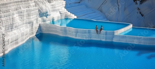 Pamukkale s hillside  stunning baby blue thermal waters in white travertine terraces photo