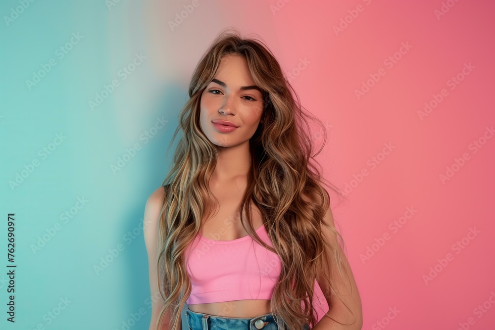 trans woman with beautiful makeup, long hair, on a pink and blue background, studio shot trans woman with beautiful makeup, long hair, on a pink and blue background, studio shot