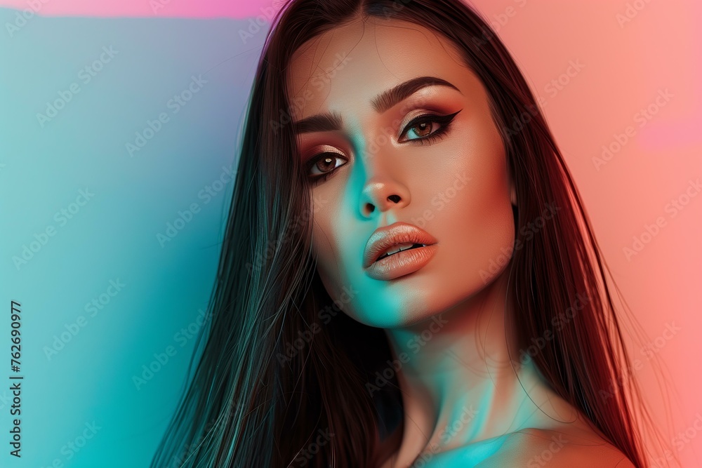 trans woman with beautiful makeup, long hair, on a pink and blue background, studio shot trans woman with beautiful makeup, long hair, on a pink and blue background, studio shot