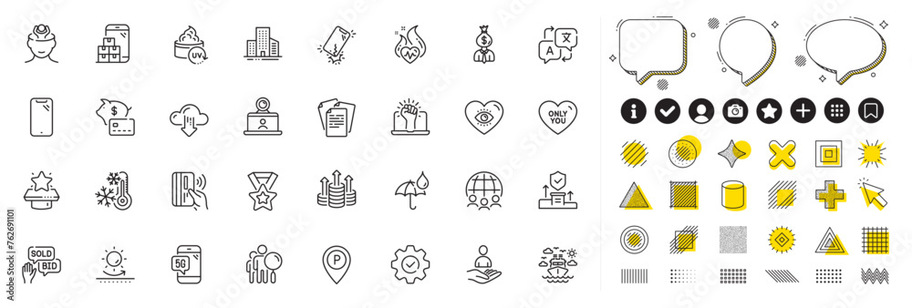 Fototapeta premium Set of Parking, Manager and Security agency line icons for web app. Design elements, Social media icons. Meditation eye, Video conference, Cloud download icons. Vector