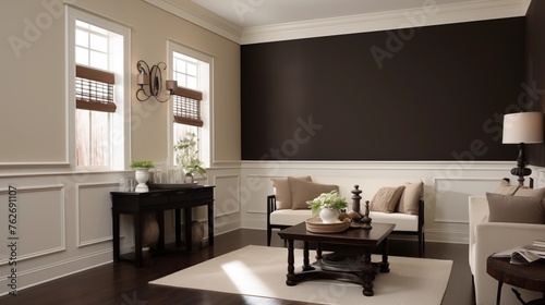 Light cream walls with a dark espresso-stained wood accent wall and white trim.