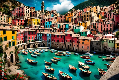 An artistic composition of Vernazza village's harbor, with colorful boats floating in the clear turquoise water, rendered in high resolution for a visually striking image