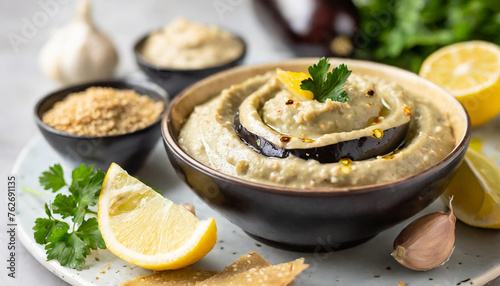 Arab Cuisine - Baba Ganoush (smoky eggplant dip made with tahini, garlic, lemon juice, and olive oil)