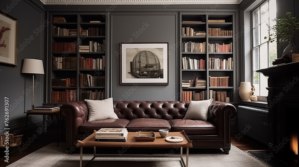 Light gray walls with a dark brown leather chesterfield sofa and white built-in bookshelves. Light gray walls with a dark brown leather chesterfield sofa and white built-in bookshelves.