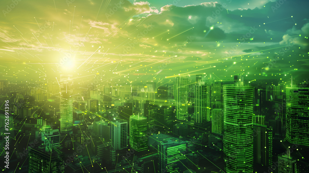 Smart grid: A large city is overlayed with green, data points and connections, showcasing a commitment to sustainability and renewable energy solutions
