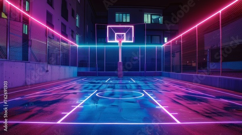 An empty basketball court at night, bathed in neon blue and pink lights with reflections on the shiny wet floor, creating a futuristic, cyberpunk ambiance. 