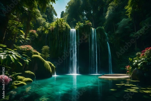 A breathtaking waterfall plunging into a crystal-clear pool amidst a verdant landscape, surrounded by towering trees and vibrant flowers © Minhal