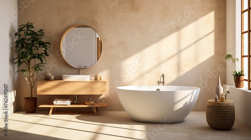 A bathroom with a large white bathtub and a mirror. The room is bright and airy  with a window letting in natural light. A potted plant is placed near the sink  adding a touch of greenery to the space