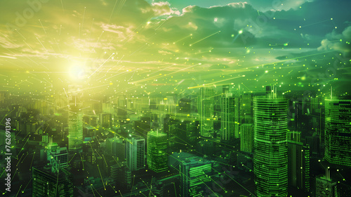 Smart grid: A large city is overlayed with green, data points and connections, showcasing a commitment to sustainability and renewable energy solutions