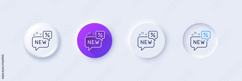 New discount line icon. Neumorphic, Purple gradient, 3d pin buttons. Sale shopping sign. Clearance symbol. Line icons. Neumorphic buttons with outline signs. Vector New discount line icon. Neumorphic, Purple gradient, 3d pin buttons. Sale shopping sign. Clearance symbol. Line icons. Neumorphic buttons with outline signs. Vector