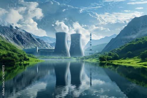Conceptual Modern Nuclear Power Facility Surrounded by Verdant Hills and Clouds. Generative AI.