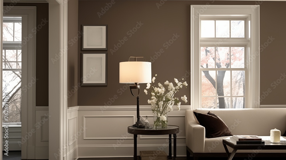 Fototapeta premium Light taupe walls with a dark espresso-stained wood accent wall and white trim.