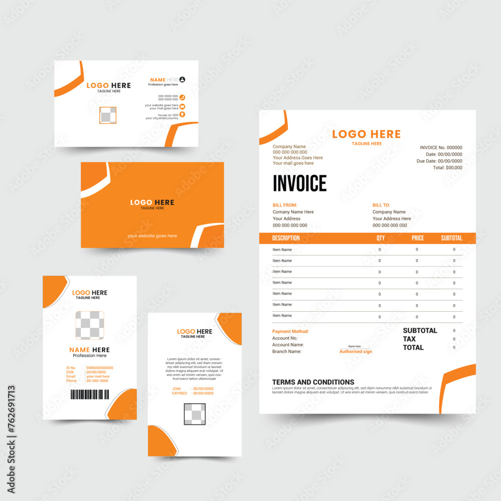 Corporate identity set of Business Card, Id Card and Invoice Design branding template design kit. editable and printable brand identity with abstract shapes and colors. Corporate identity set of Business Card, Id Card and Invoice Design branding template design kit. editable and printable brand identity with abstract shapes and colors.