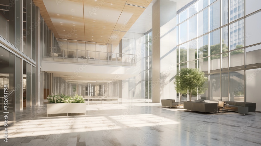 Light-filled atrium lobby in office tower with whites and pewter gray stone.