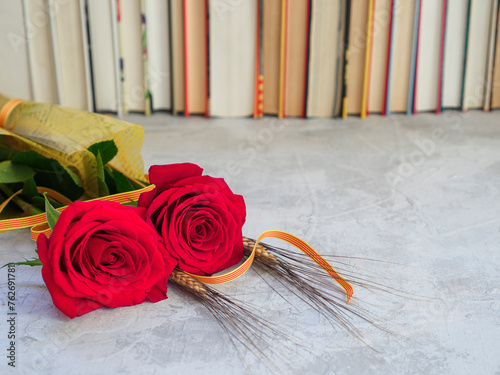 St. George's day red rose with books, valentine's day in Catalonia, Spain