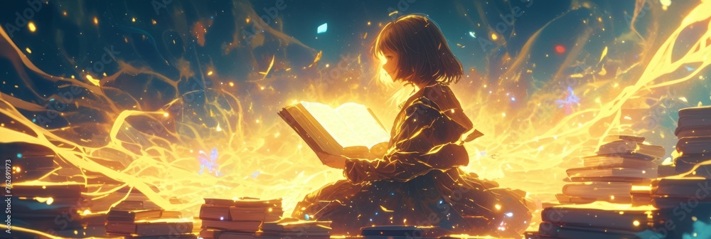 Fantasy Setting Reading Illustration of a child reading a book, magical unknown mysterious ...