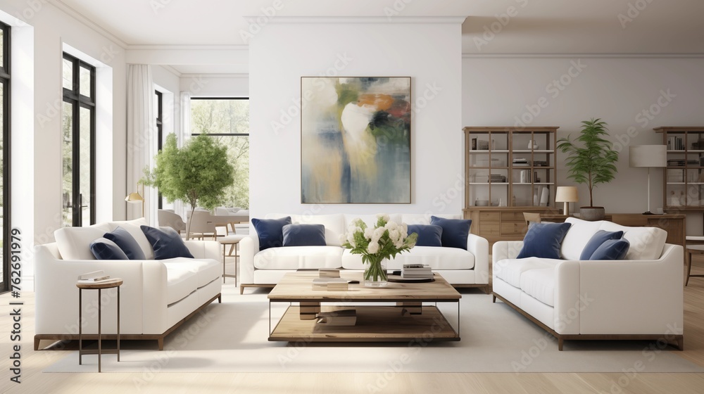 Living room with bright white sofas, light oak and slate blue metal side tables. Living room with bright white sofas, light oak and slate blue metal side tables.