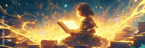 Illustration of a child reading a book, magical unknown mysterious fantasy world in the book, banner photo