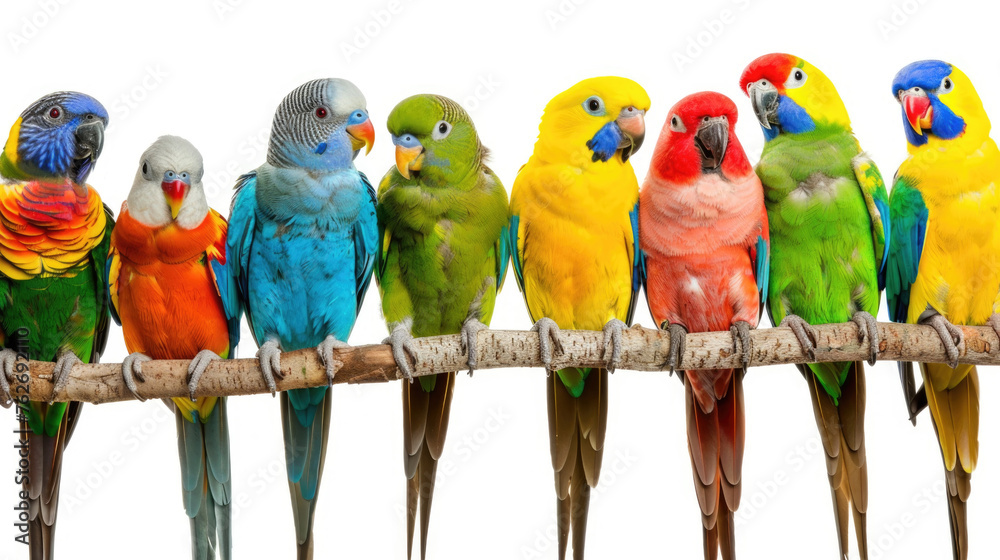 Obraz premium Diverse group of vibrant birds, each displaying different array of colors, perched together on thick tree branch