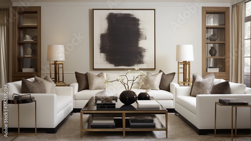 Living room with crisp white sectional and burnished bronze candelabra lamps. © Aeman