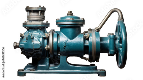 Close-up of a water pump on a white background, showcasing intricate details and mechanical precision