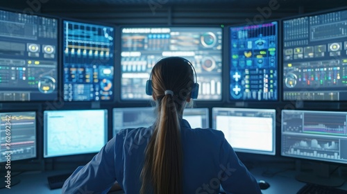 Woman Managing Multiple Computer Monitors Generative AI