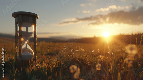 An hourglass is placed in the center of a field, surrounded by grass and under the open sky photo