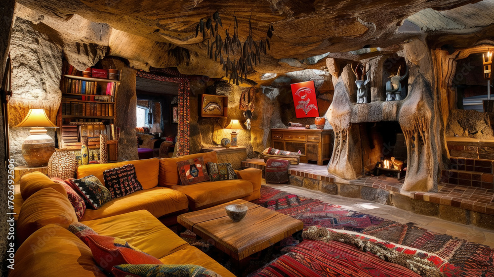 Obraz premium A spacious living room filled with various pieces of furniture surrounding a cozy fireplace, creating a warm and inviting atmosphere