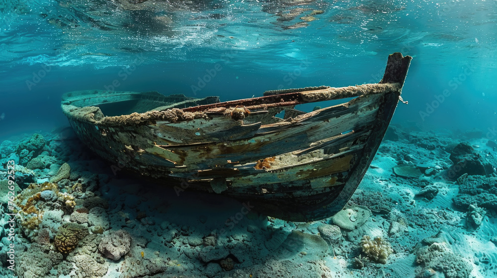 An aged boat rests on top of a colorful coral reef in the crystal-clear waters of the ocean