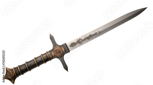 A large knife with a long blade resting on a white background