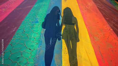 concept of Belonging Inclusion Diversity Equity DEIB or lgbtq, group of black shadow silhouettes of girls of different cultures and skin, on rainbow multicolor background 