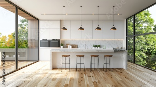 Kitchen interior in beautiful new luxury home with kitchen island and wooden floor, bright modern minimal style, with copy space.