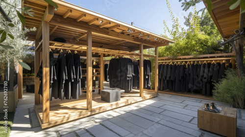 A wooden structure adorned with multiple suits arranged in an organized fashion