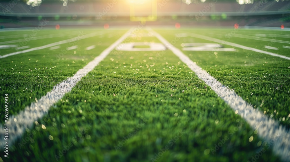 American football field, green grass with white field lines. big stadium. Close-up photo with copy space