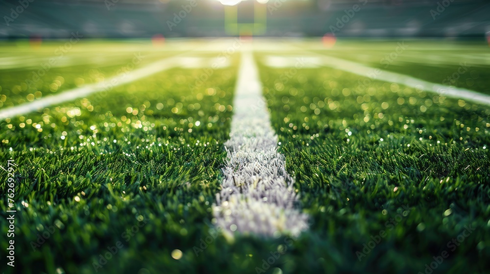 American football field, green grass with white field lines. big stadium. Close-up photo with copy space