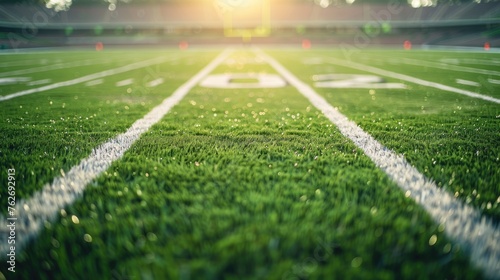 American football field, green grass with white field lines. big stadium. Close-up photo with copy space © nakarin
