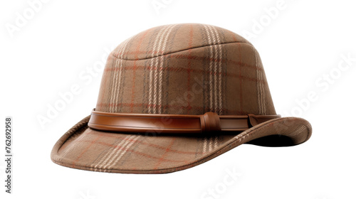A stylish brown plaid hat with a sleek leather band, exuding timeless charm and sophistication