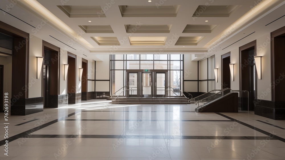 Local government center lobby with white stone and oil-rubbed bronze trim.