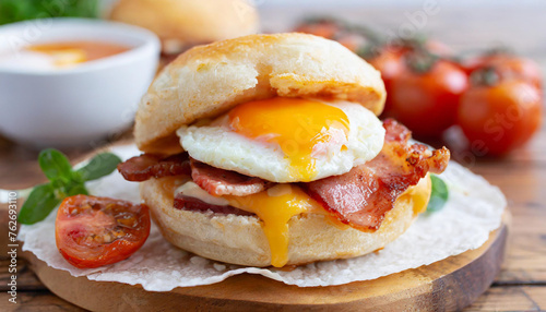 Food Photography - English Muffin Breakfast Sandwich with Bacon, Egg, and Cheese