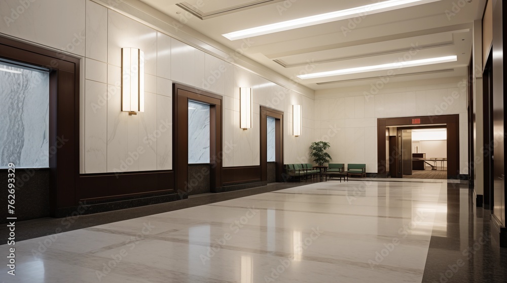 Local government center lobby with white stone and oil-rubbed bronze trim. Local government center lobby with white stone and oil-rubbed bronze trim.