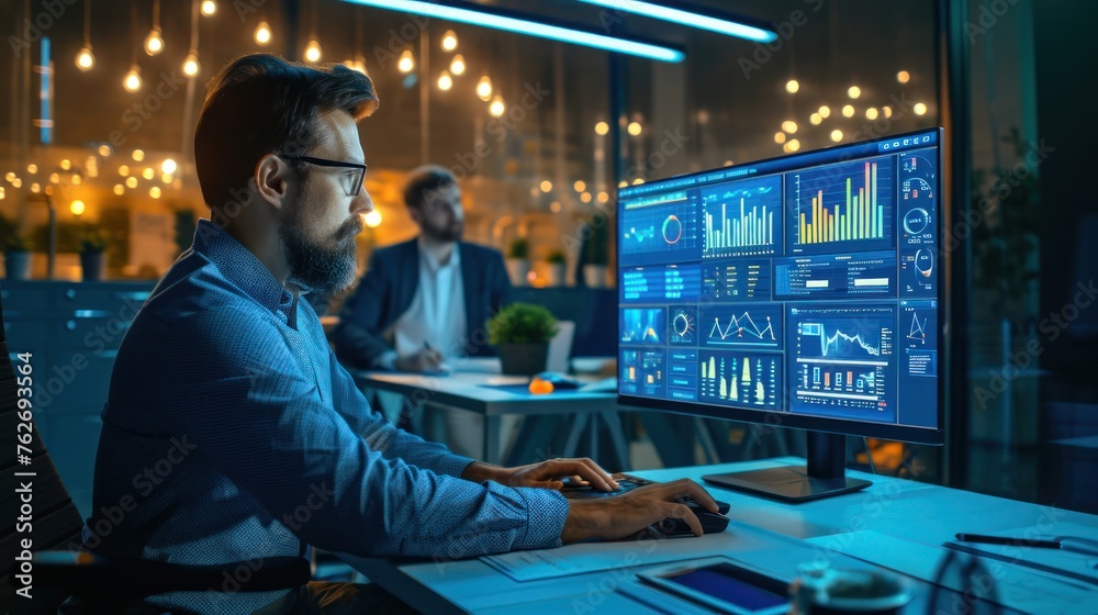 Financier Working at Desk With Computer Generative AI Financier Working at Desk With Computer Generative AI