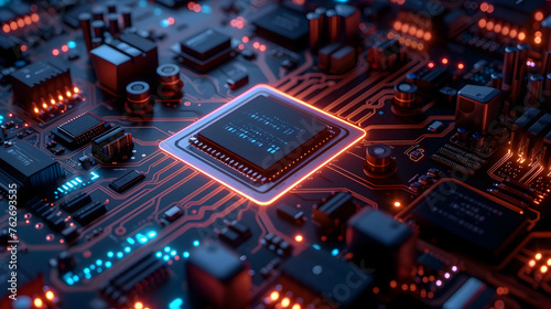 Vibrant, hyper-realistic stock image of a sharp-focused circuit board with intricate details. Techno-futuristic aesthetic showcasing vibrant colors