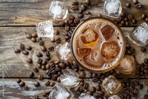 Natural iced coffee on wooden table with crushed ice and coffee beans around it outside. Top view. Horizontal composition.