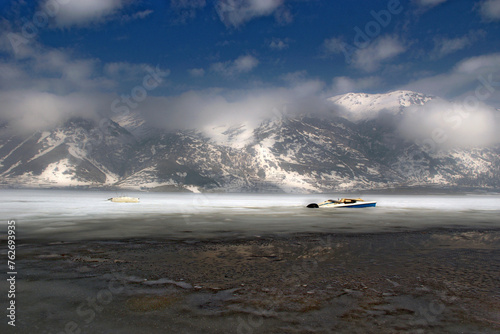 Winter view of frozen Lake Matese, Campania, Italy